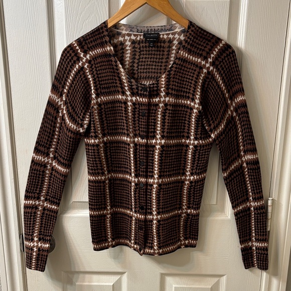 Brown, Black Preppy Plaid Long Sleeve button up cardigan XS Merino Wool - Picture 1 of 5